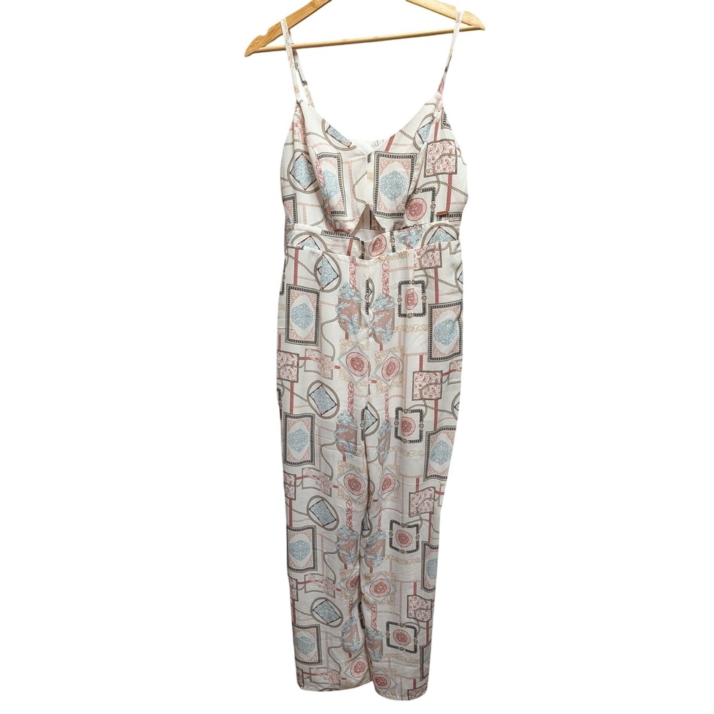 GUESS Jumpsuit Womens Medium White Scarf Print Cutout Spaghetti Strap Excellent